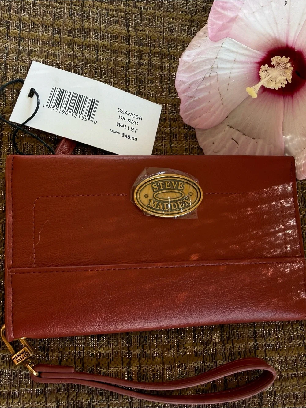 FALL Color- Steve Madden Dark Red Leather Wristlet with Brass Oval Logo